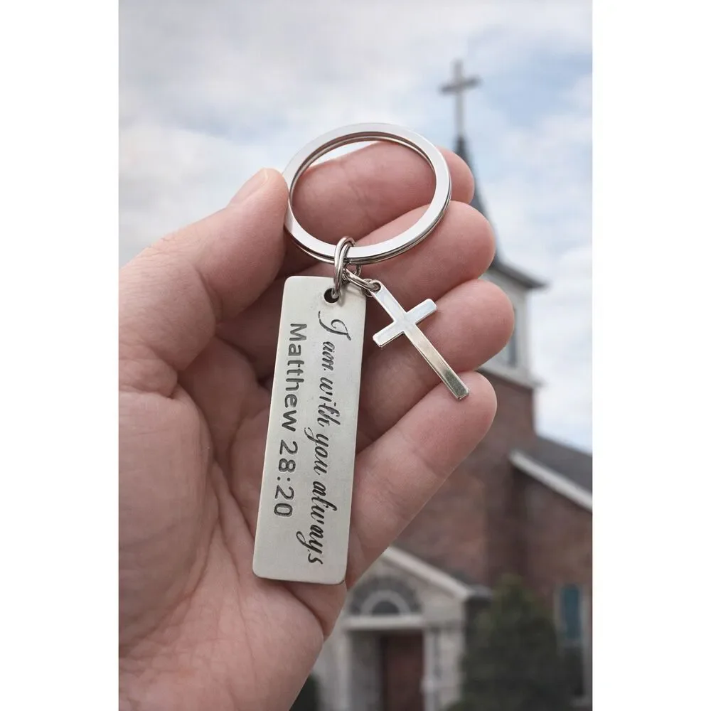 Christian Cross Keychain Matthew 28:20 Bible Verse Faith Gift